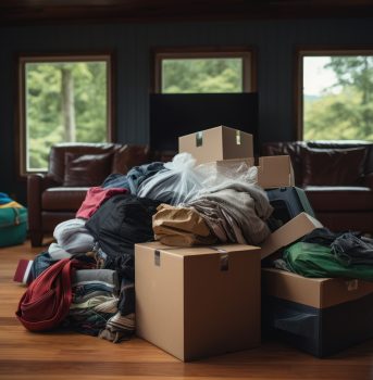 A pile of clothes sitting on top of a cardboard box. This versatile image can be used for various concepts such as moving, storage, donations, thrift stores, or decluttering.